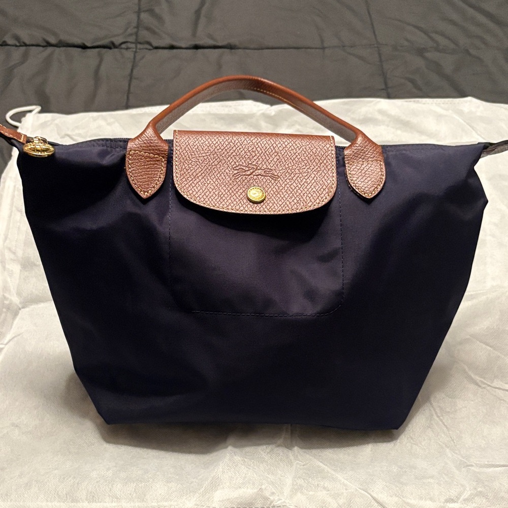 Longchamp Authentic Navy Blue Tote Bag with Brown Accents. Size Small